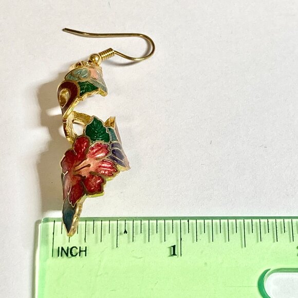 Vintage Cloisonne Hibiscus Flower Earrings Hawaiian Red Floral Enamel Gold Tone - Picture 9 of 11